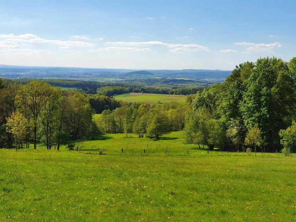 Blick über Wiesen und Wälder der Rhön rund um das Hotel Biebertal